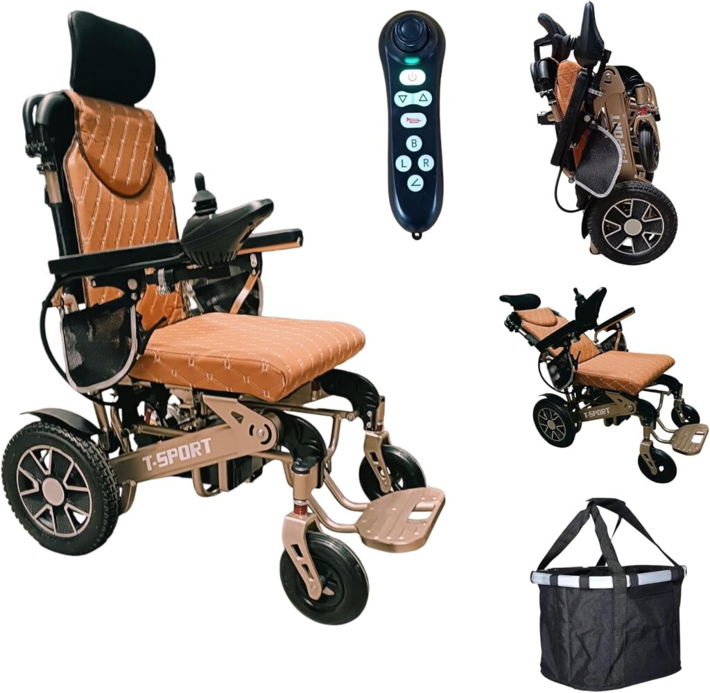 Lightweight Aluminium Electric Wheelchair Powerchair Folding Heavy Duty by T-Sport Mobility Equipment Powerful Motor and Li-ion Removable Battery