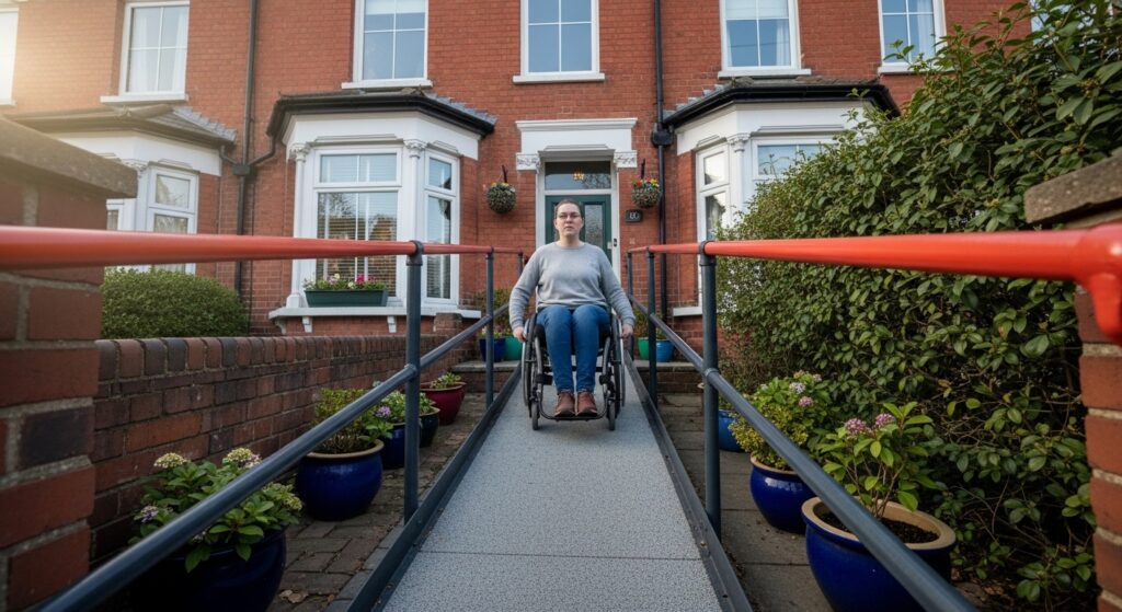 Wheelchair user navigating step-free ramp outside UK home