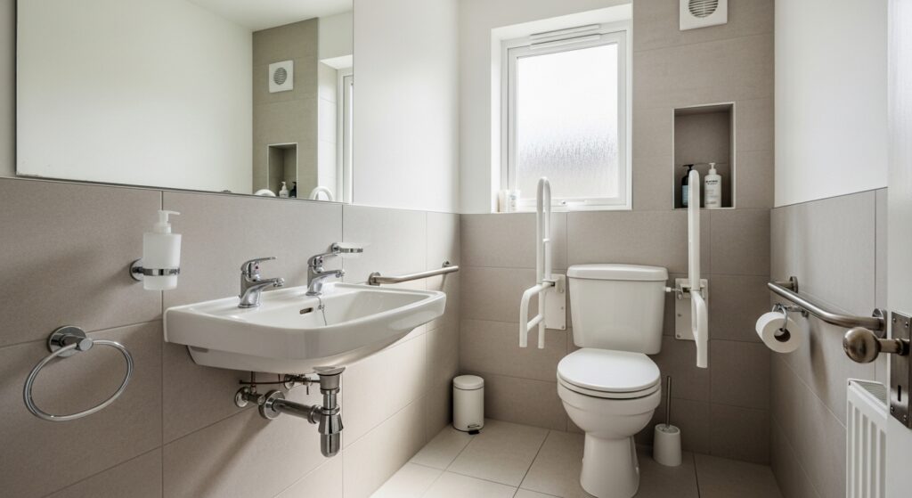 Compact accessible bathroom in UK terraced home with wall-hung sink and comfort-height toilet, natural lighting, realistic interior photography
