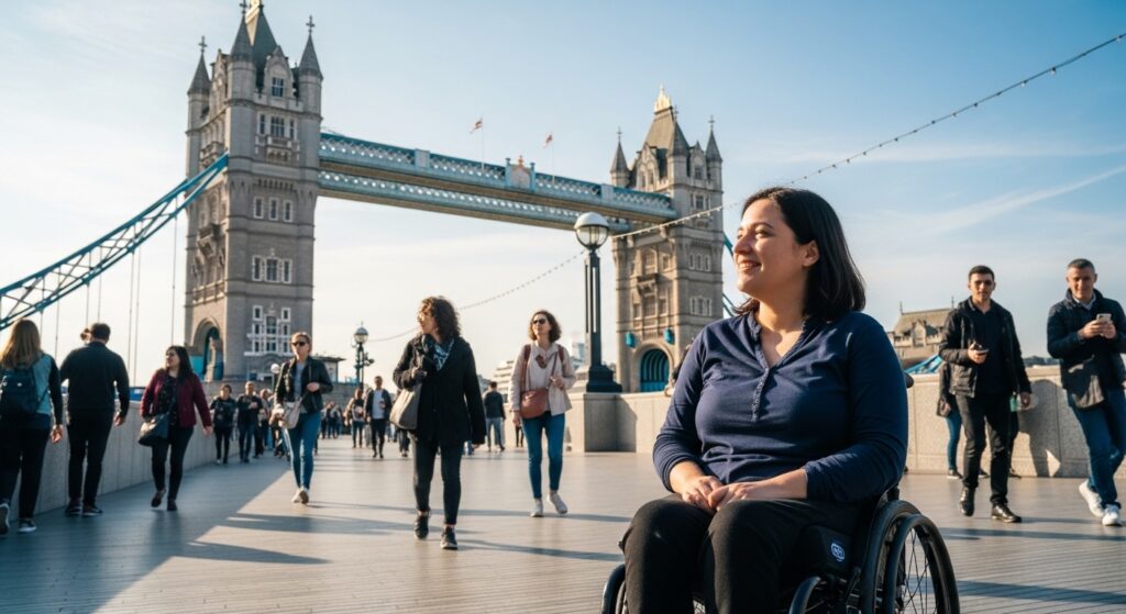 Wheelchair user visiting accessible UK tourist attraction