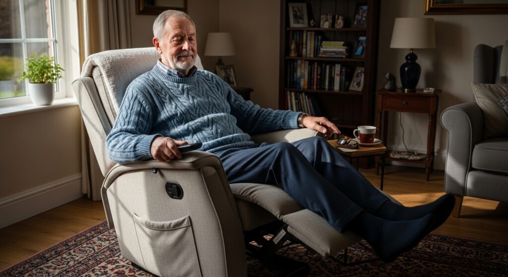 Elderly man using rise and recliner chair in UK living room
