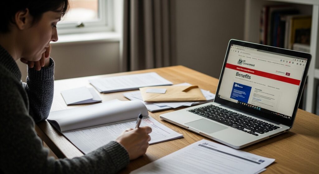 Person applying for disability benefits in UK home setting