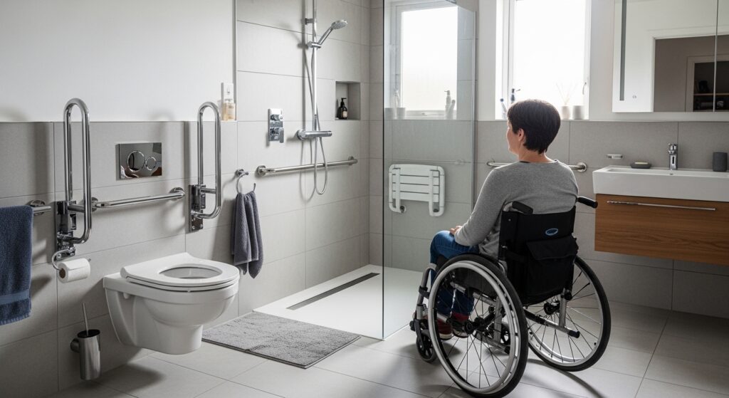 Adapted UK bathroom with level access shower funded by Disabled Facilities Grant
