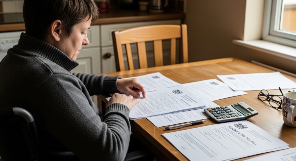 Disabled person reviewing UK council tax bill at home