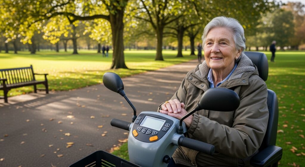 Older adult using mobility scooter in UK park