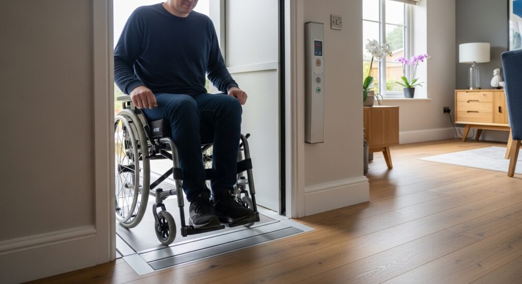 Wheelchair user entering through-floor lift in UK home
