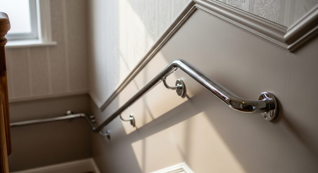 Angled grab rail installed on UK staircase wall for fall prevention
