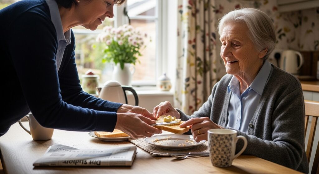 Family caregiver helping elderly person at home with daily activities, UK