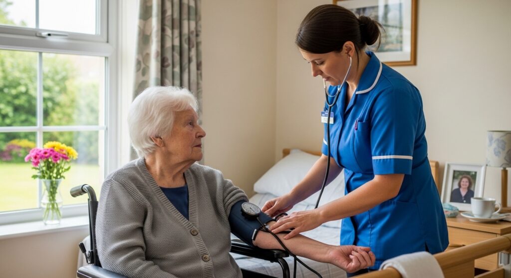 Elderly resident receiving nursing care in UK care home
