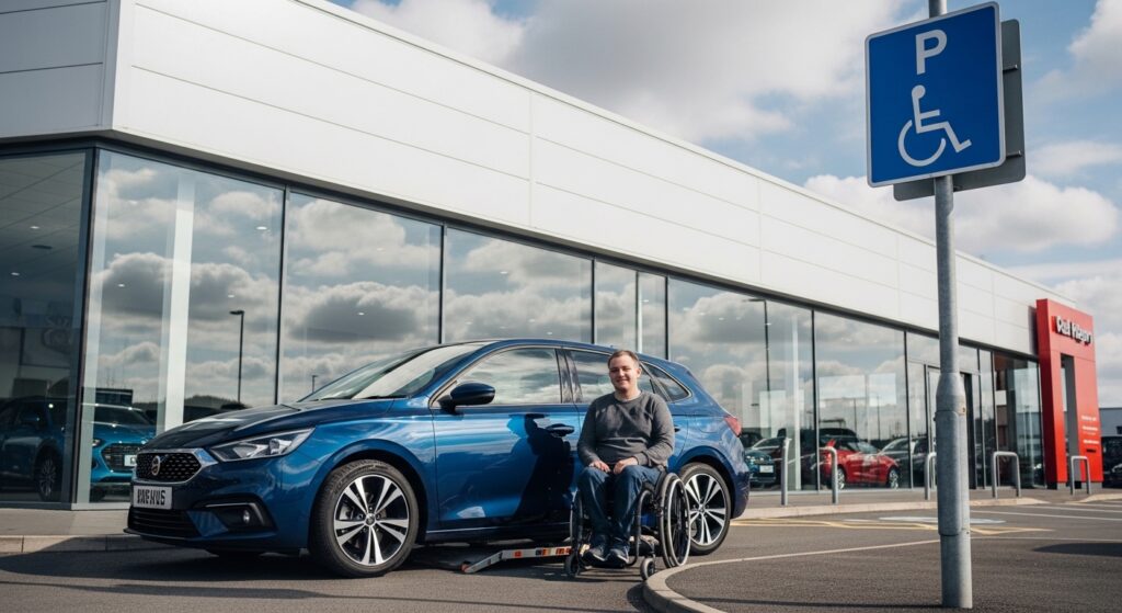 Disabled driver next to a Motability Scheme car outside a UK dealership