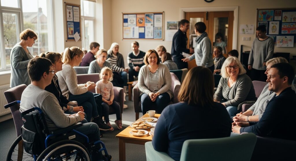 Family support group meeting in UK community centre