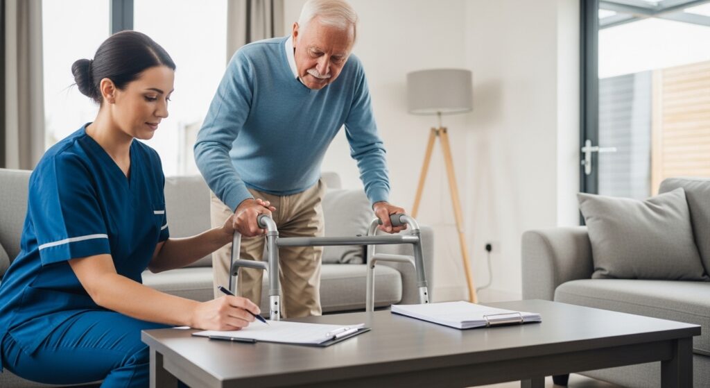 Senior man being assisted by a carer at home in the UK while completing Attendance Allowance paperwork