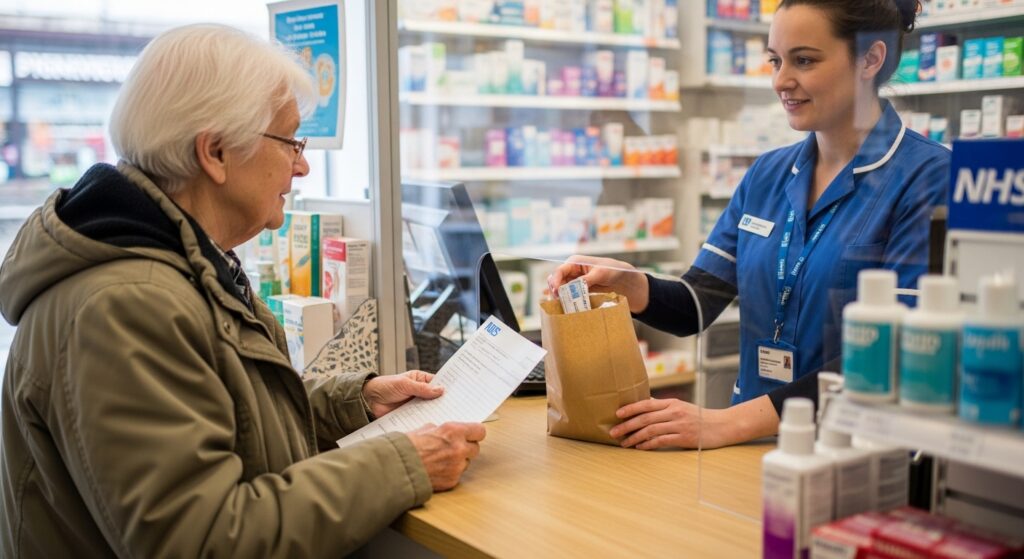 Elderly patient collecting NHS prescription at UK pharmacy
