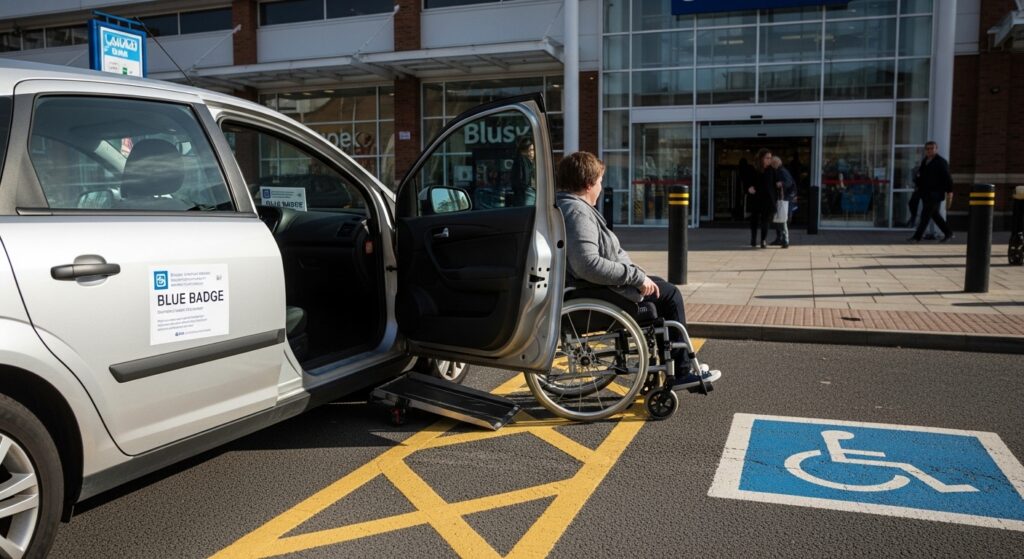 Wheelchair user leaving car parked in Blue Badge bay at UK shopping centre
