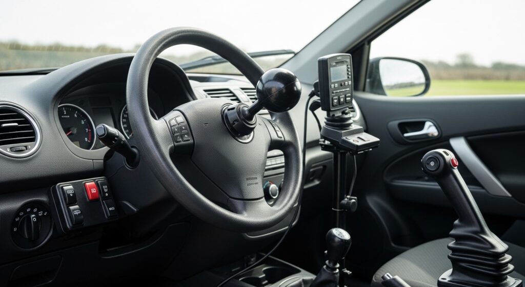 Adapted Motability car interior with hand controls for disabled driver in the UK
