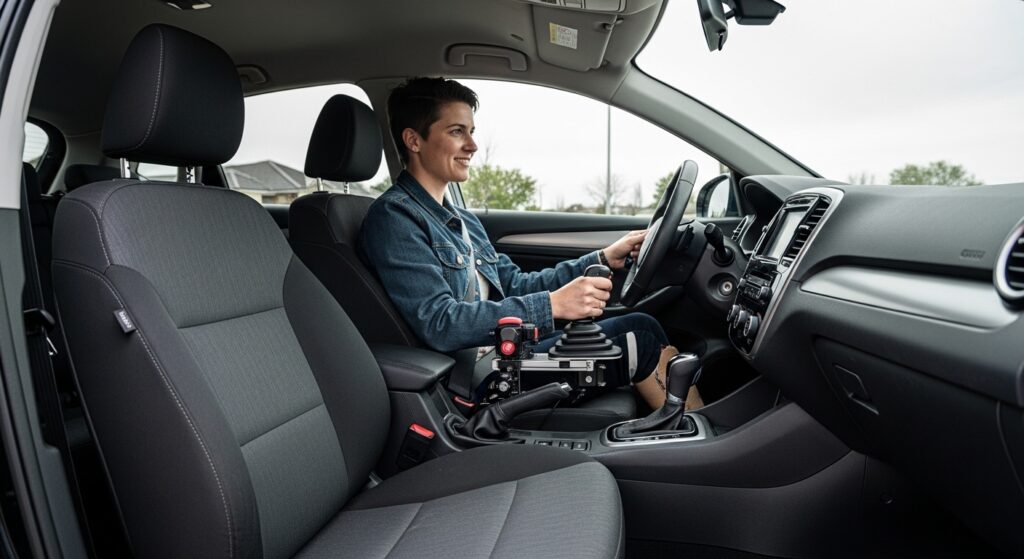 Disabled driver using hand controls in adapted UK vehicle

