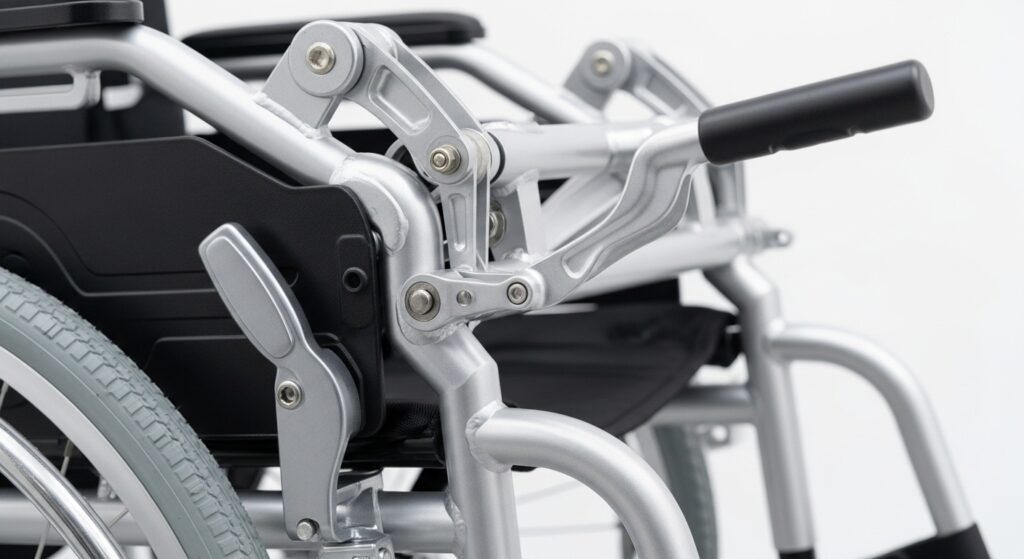 Close up of lightweight wheelchair folding mechanism
Alt text:
Close up of lightweight wheelchair folding mechanism