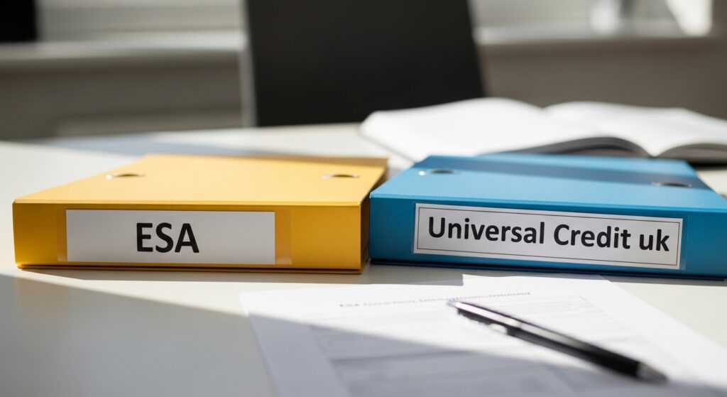 Folders labeled ESA and Universal Credit on a UK desk, illustrating the differences between the two benefits
