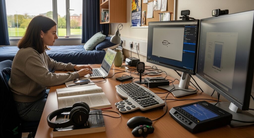Disabled student using laptop and assistive technology in UK university dorm room.