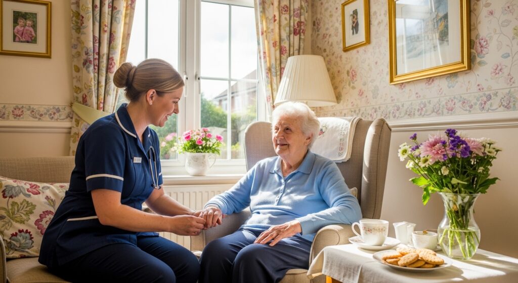 Elderly resident receiving nursing care in UK care home

