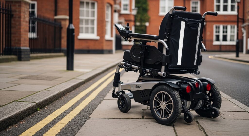 Powered wheelchair parked on UK pavement, showing modern electric mobility features.
