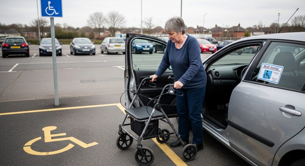 Person with mobility aid using Blue Badge parking in UK
