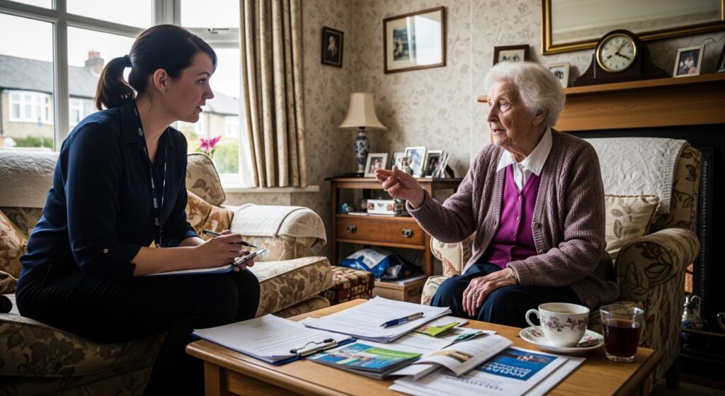 Occupational therapist assessing elderly woman for Disabled Facilities Grant