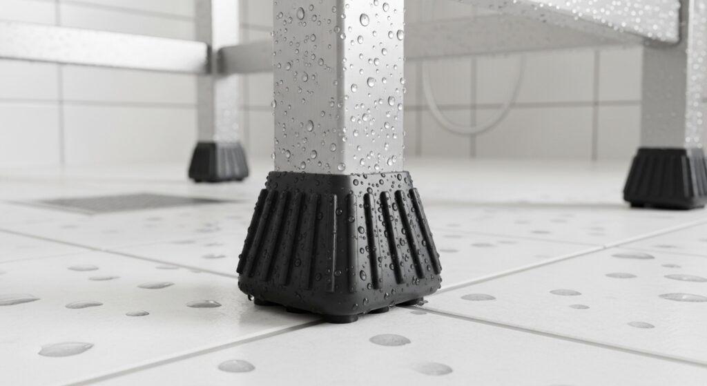 Non-slip feet on aluminium shower chair for bathroom safety

