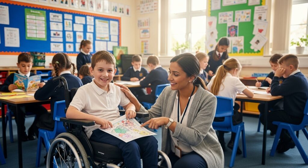 Disabled child supported by teacher in inclusive UK classroom