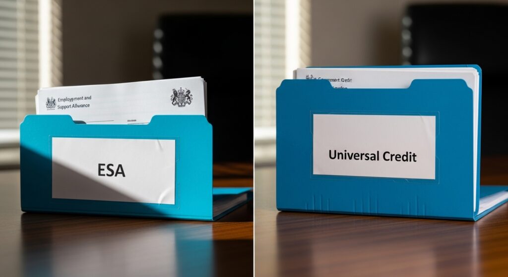 Comparison of ESA and Universal Credit documents on a desk in the UK, illustrating key differences