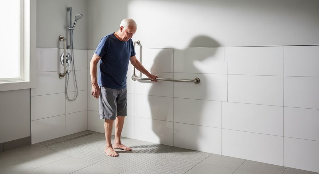 Elderly man entering low-threshold walk-in shower safely