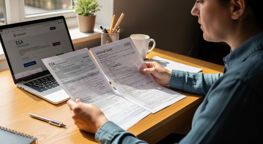 Person comparing ESA and Universal Credit documents at home in the UK, reviewing benefits eligibility