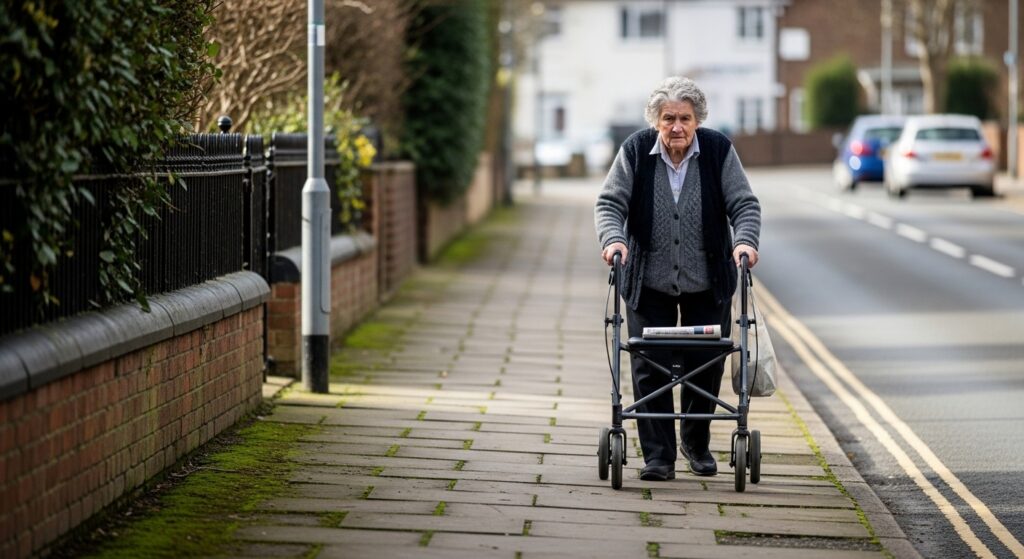 Senior using a rollator for safe mobility outdoors in the UK