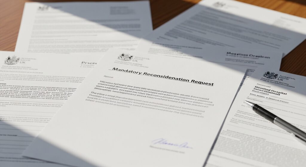 Written Mandatory Reconsideration letter with supporting medical documents for PIP appeal in the UK