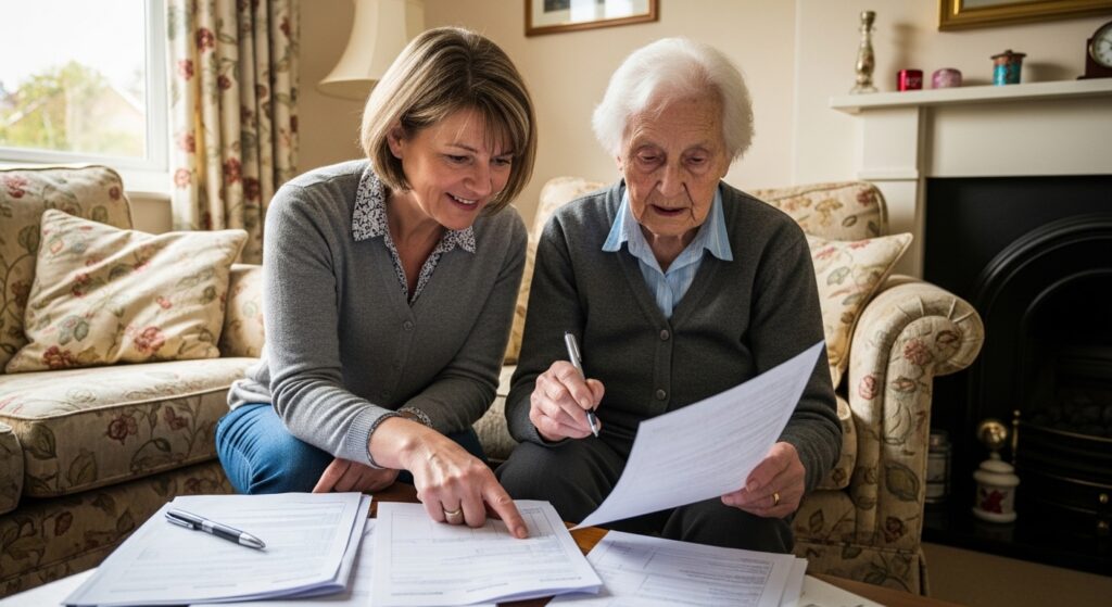 Carer helping elderly parent with medication at home in the UK