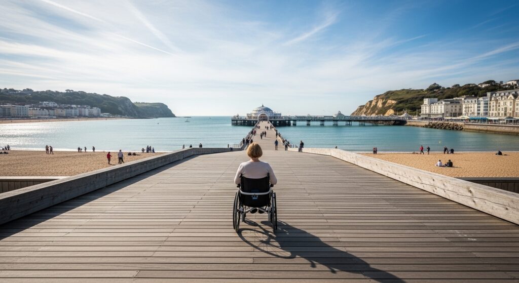 Wheelchair user on accessible boardwalk at Bournemouth Beach, UK
