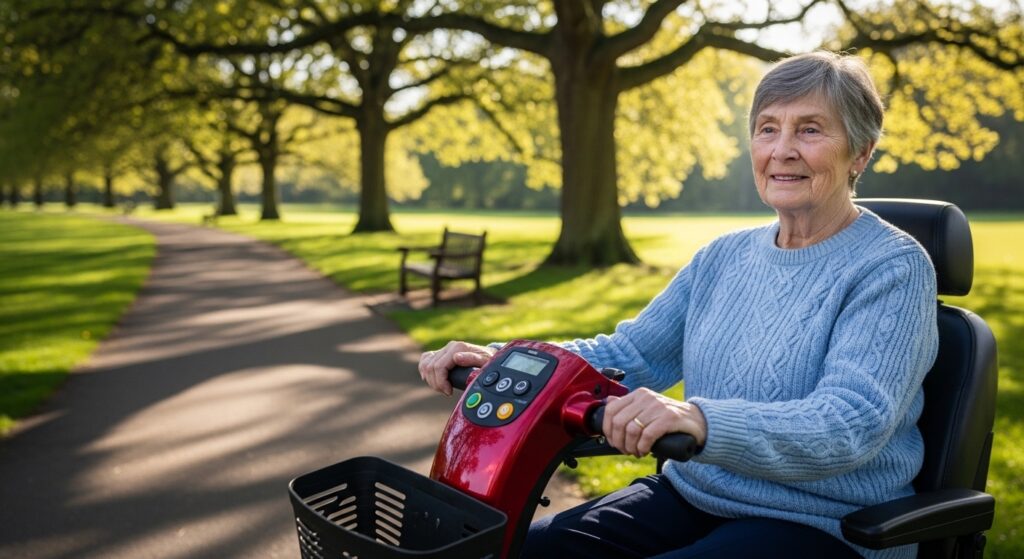 Modern mobility scooter on UK pavement in residential area