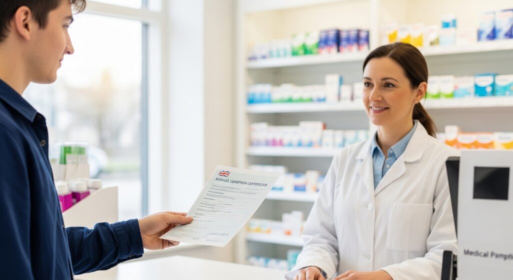Person presenting NHS Medical Exemption Certificate at UK pharmacy

