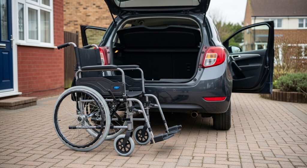 Lightweight transit wheelchair folded near car boot in UK