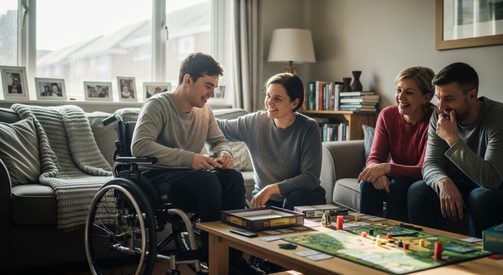 Family supporting wheelchair user in UK home environment