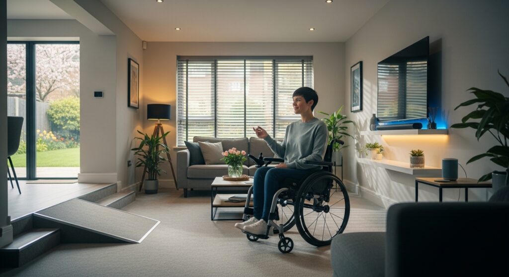 Wheelchair user controlling smart home technology in UK house