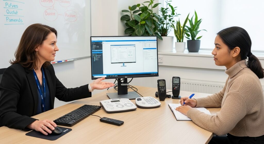 Student attending Disabled Students Allowance assessment with advisor at UK DSA centre.