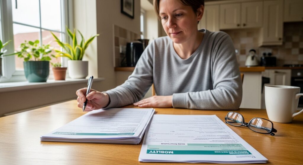 Person completing PIP mobility application form at home in UK