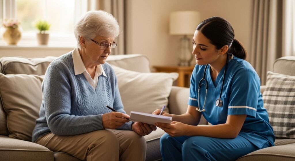 Elderly woman receiving Attendance Allowance support at home from a carer in a UK living room, reviewing paperwork