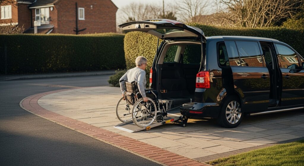 Wheelchair user boarding a WAV from the Motability Scheme in the UK