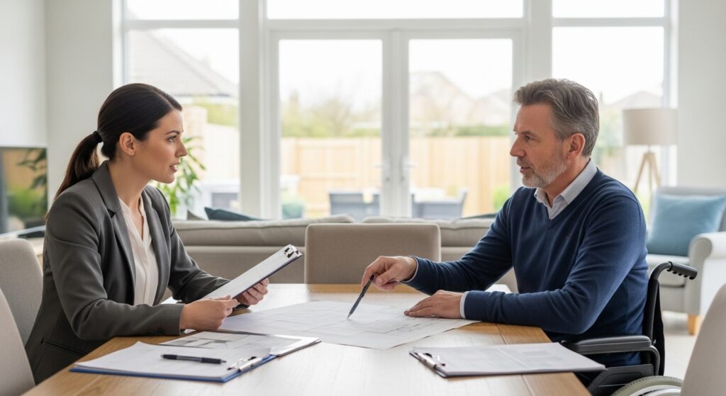 Occupational therapist assessing home for Disabled Facilities Grant in the UK
