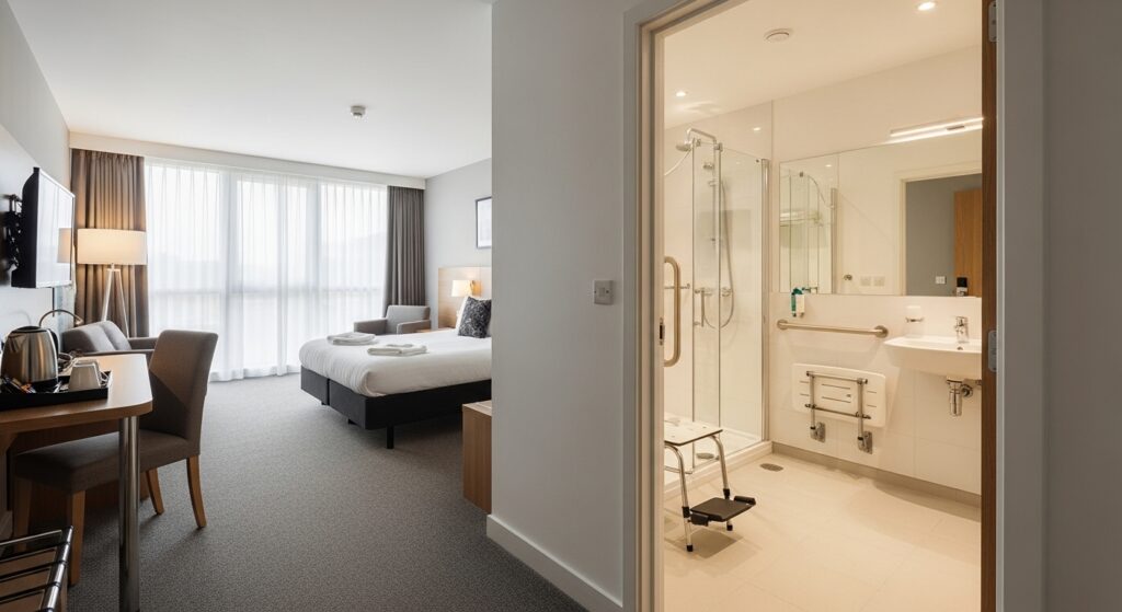 Accessible hotel room with wheelchair access bathroom UK