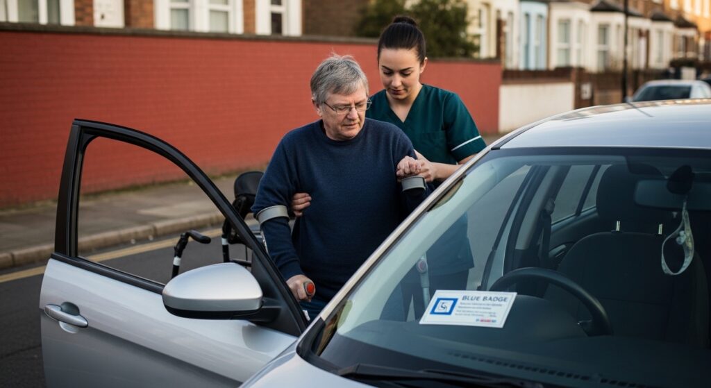 Family caregiver helping disabled driver park in Blue Badge bay, UK