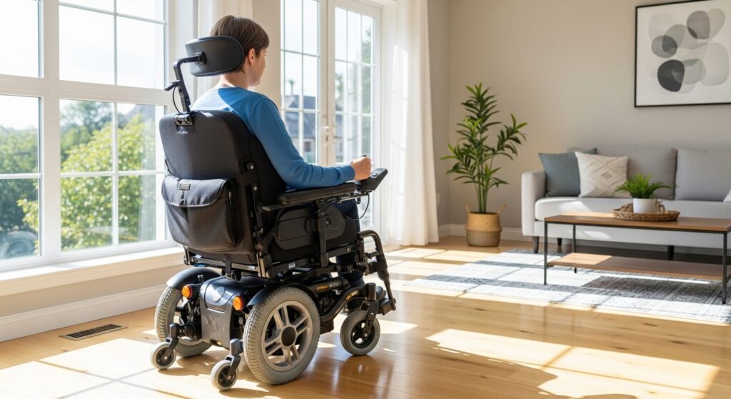 Person using powered wheelchair inside UK home, showcasing comfort and maneuverability.