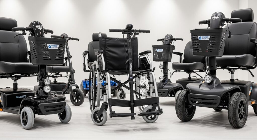 Lightweight wheelchair and mobility scooter displayed in UK showroom